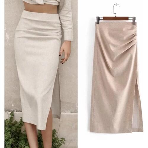 Za 2021 Linen Khaki Long Skirt Women Spring Fashion High waist Skirt Female Vintage Ruched Side Slit Chic Elegant Midi Skirts