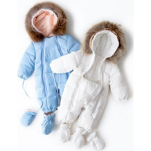 Infant Baby Duck Down Jumpsuit Thick Warm Hooded Inside Fleece Boy Girl Winter Autumn Overalls Children Outerwear Kids Snowsuit