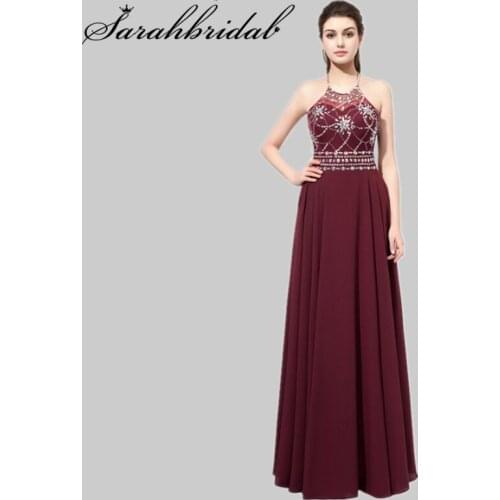 Elegant Evening Gown Sequins Beaded A Line Floor Length Party Dresses Halter Illusion Sleeveless Backless Robe De Soiree AJ020