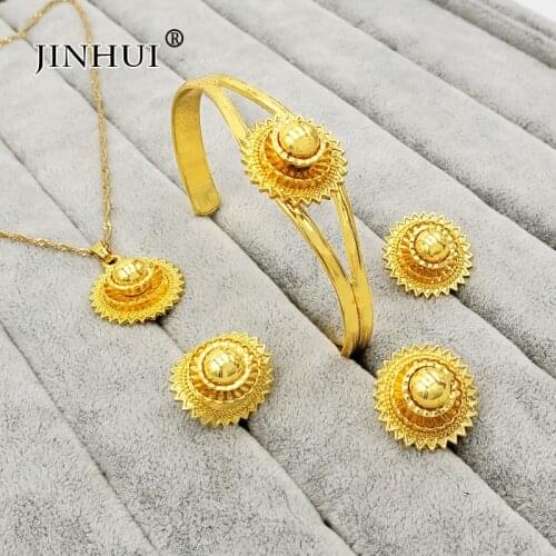 Ethiopian 24K Gold jewelry sets for women Wife gifts Necklace Pendant Earring Ring Dubai African Nigeria bridal wedding gifts