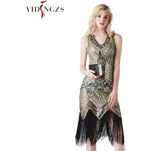 YIDINGZS Short Vintage Evening Dress Gold Sequins Beaded Formal Evening Party Dress 2021
