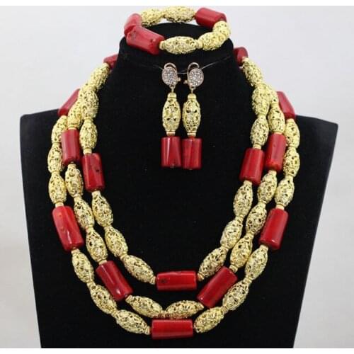 Fashion Women Dubai Jewelry Sets Red Nigerian Wedding African Coral Jewelry Sets ANJ375
