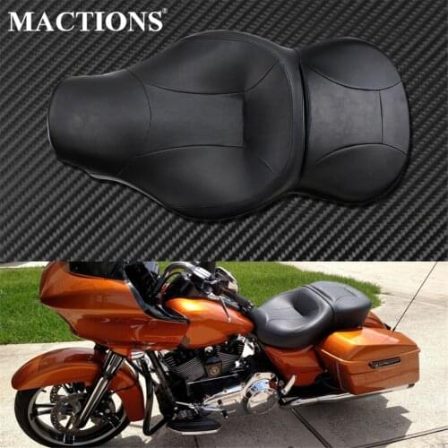 Motorcycle Black Leather Rider and Passenger Driver Seat Two-Up Cafe Racer Retro Seat Pillion For Harley Touring Road King 14-20
