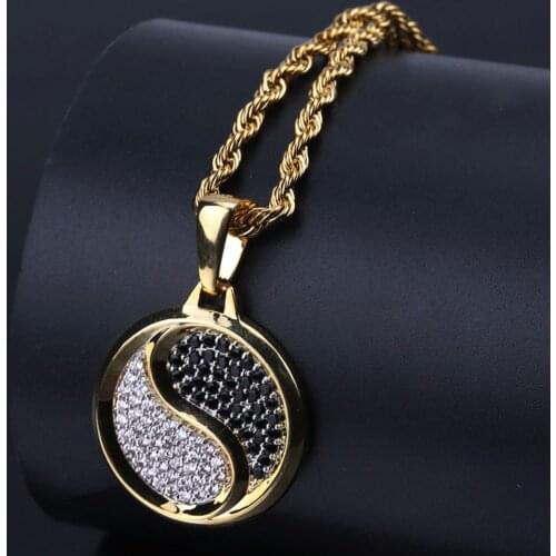 Yin Yang Tai Chi Pendants Necklaces for Men Gold Color Round Copper Paved CZ Crystal Ice Out Hip Hop Rapper Jewelry