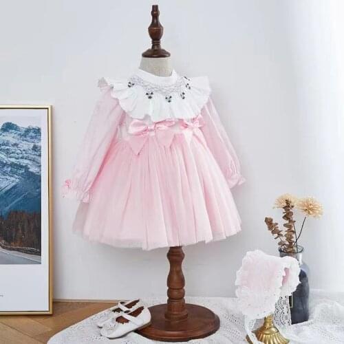 2PCS Spring Autumn Lolita Princess Pink Mesh Long Sleeve Bow Ball Gown Dress For Bady Girl Birthday Party With Hair Accessories
