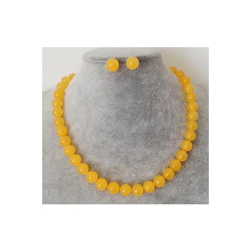 Handmade 10mm Natural Yellow Jade Round Beads Necklace Earring Set 18'' AAA