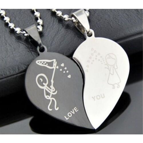 His and Hers Stainless Steel " LOVE " Matching Couple Heart Pendant Necklaces