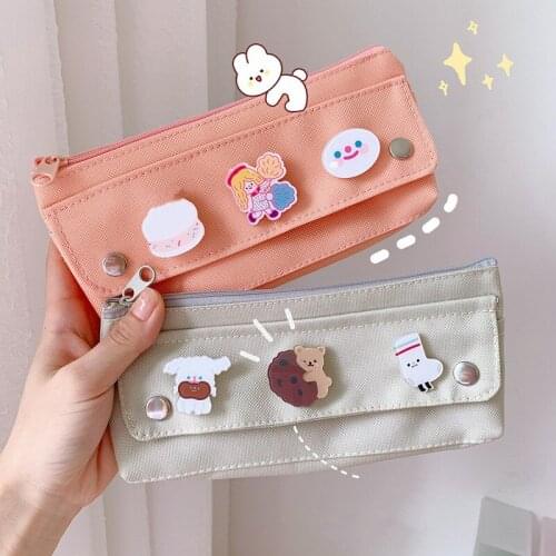 Ins Kawaii Canvas Pencil Case Large Capacity Pen Bags Cute Badge Pencil Bags For Girls Gift School Supplies Korean Stationery