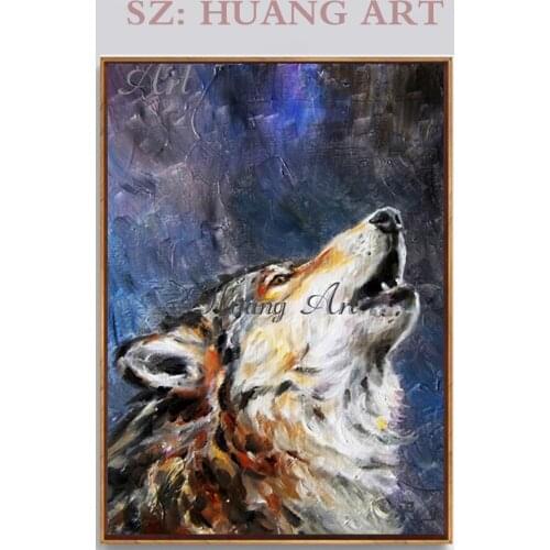 Hand-painted oil painting Wolf Howling night wolf animal impression Painting modern simple hanging paintings Decorative painting