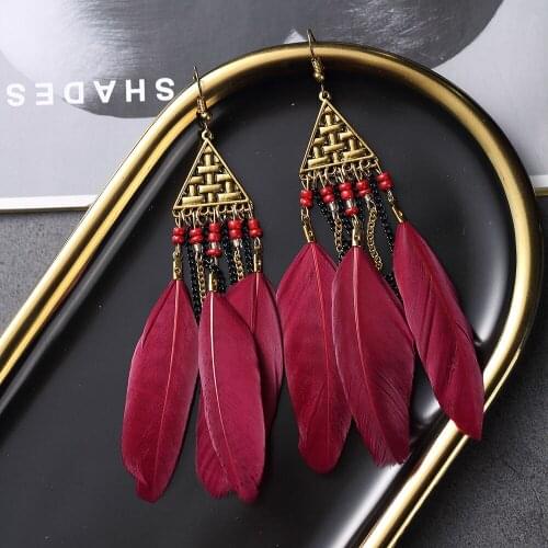 Vintage Triangle Long Feather Earrings 2020 Boho Ethnic Chain Tassel Geometric Dangle Hanging Earrings For Women Wedding Jewelry