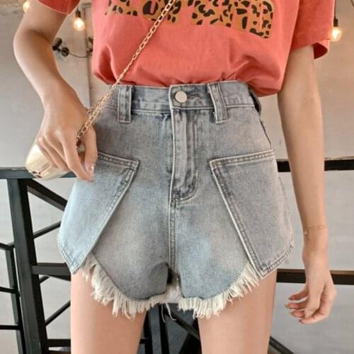 New Korean version of the high-waisted A word irregular Tassel large pocket wide-legged cowboy shorts womens fashion MP336
