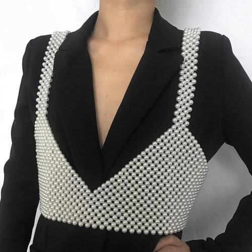 *Only Ship For VIP*Fashion Knitted Pearls Crop Top Women Exquisite Sexy Outside Beading Tank Tops Camis Vadim Streetwear Clothes