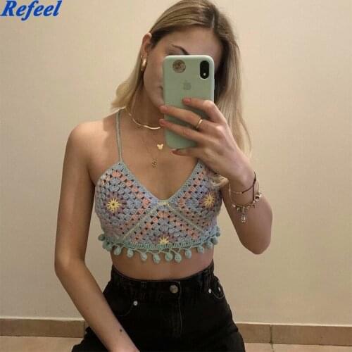 Women Knitted Flower Strap Vest Vintage Handmade Crochet Tank Slim Sexy Summer Autumn Sleeveless Femme Crop Top