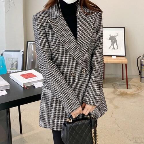 New arrival fashion OL professional jacket women temperament korean suit collar double-breasted loose houndstooth thick coat
