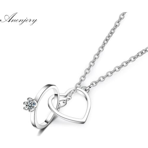 ANENJERY 925 Sterling Silver Charming Double Circle Heart Zircon Necklace For Women Girl Valentines Day Present S-N261