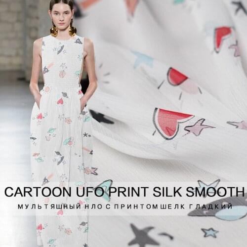 8momme pure white cartoon UFO printed light thin 100% silk summer dress DIY clothes fabrics Freeshipping