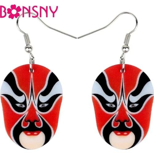 Bonsny Acrylic Red Chinese Beijing Opera Mask Earrings Drop Dangle Ancient Character Jewelry For Women Girl Spring Festival Gift