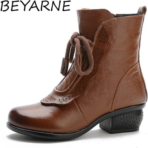 BEYARNE Cowhide Low-Heeled Soft-Soled Womens Boots Folk Style Retro Leather Martin Boots Warm And Comfortable Cotton Shoes