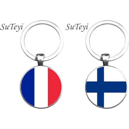 SUTEYI France/Finland Flag Car Keychain Jewelry Silver Color Glass Art Photo Flag Key Chain Packet key Ring For Men Gift