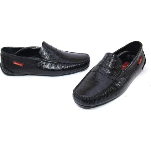 Premium Handmade Flexible Black Penny Loafers, Croco Patterned Calf Leather, Full Leather Insole, Daily Comfort Footwear, 2021