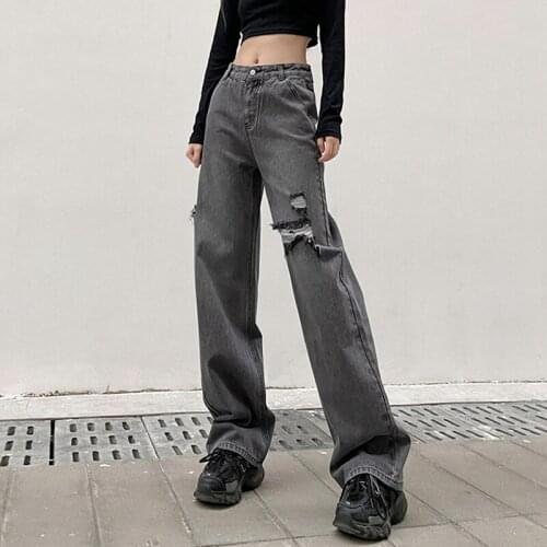 Womens Fashion High Waist Ripped Hole Washed Straight Leg Jeans Gray