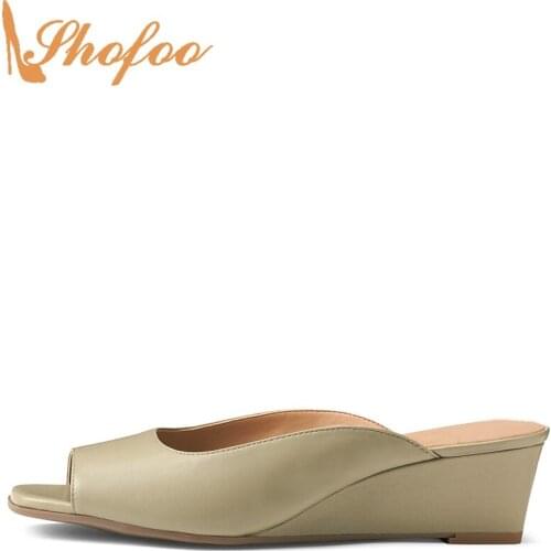 Light Green Med Wedge Heels Sandals Woman Peep Toe Slip On Large Size 13 15 For Ladies Summer Fashion Casual Mature Shoes Shofoo