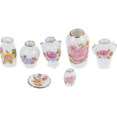 7Pcs/lot Mini 1:12 Dollhouse Miniature Porcelain Flower Vase Dolls House Accessories Simulaiton Furniture Toys