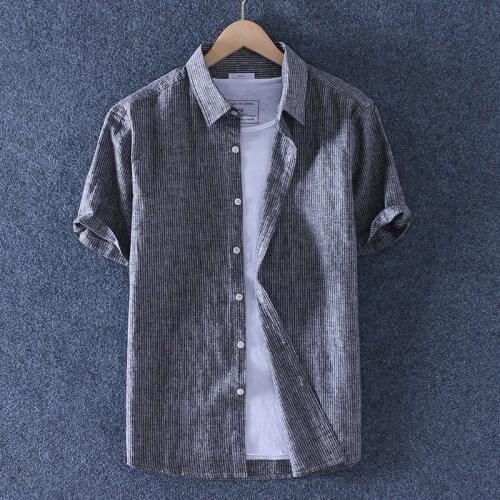 Summer Thin Fashion Mens Striped Linen Short Sleeve Shirt Outdoors Breathable Casual Small Collar Cotton Hemp Tops Clothing