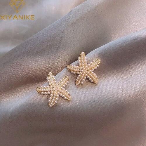XIYANIKE Gold Color Imitation Pearls Flower For Women Alloy Stud Earrings 2021 Trend New Party Gift Fashion Jewelry Brincos