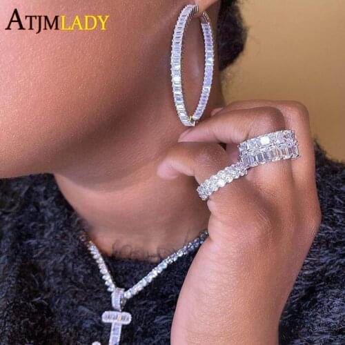 2020 summer new fashion jewelry 5A cubic zirconia iced out baguette bling cz 50mm big huggie hoop earrings women jewelry