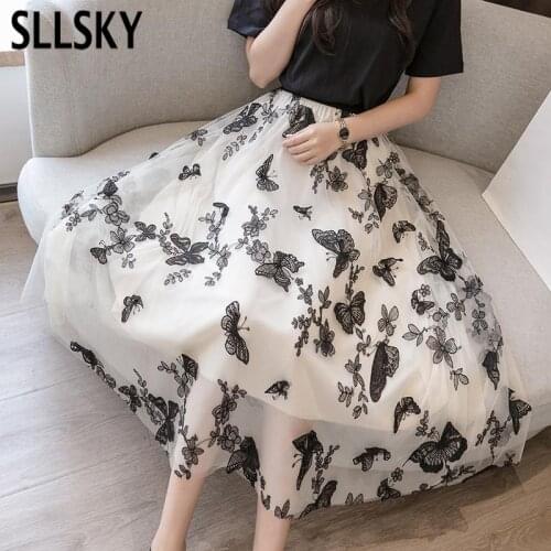 SLLSKY Butterfly Embroidery Lace Skirt Women Summer Elastic High Waist Mesh Skirt Lolita Style A-Line Party Mid- calf Skirts