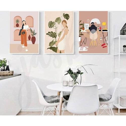 Nordic Modern Woman Canvas Posters Green Leaves Monstra Abstract Plant Wall Art Print Bedroom Decor Pictures