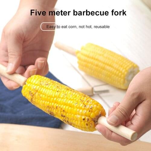 BBQ Corn Forks Food Forks Corn Roast Needle Corn Plug Barbecue Beef Sausage Fruit Wood Handle Fork Outdoor Grilling Accessories