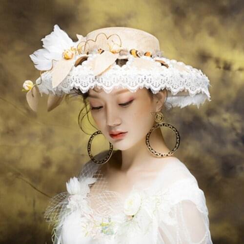 Vintage Wedding Hats Lace Hollow Wide Brim Bridal Top Hat Feather Headdress Brides Wedding Accessories Elegant Bridal Headwear