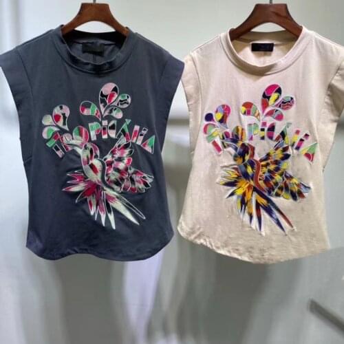 2020 Summer New Arrive Woman Cotton Tees Grey Beige Bird LETTERS Embroidered Sleeveless Tshirt O Neck Fashion Female Tops Tees