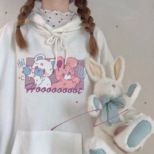 Hoodie Funny Rabbit Print Hoodies Women Graphic Cute Korean Style Autumn Winter Kawaii Sweatshirt Hoody Female Girls SUNOWE