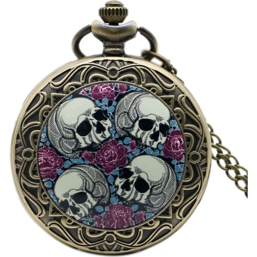 Hot Sale Retro Four Skull Heads & Rose Pocket Watch With Necklace Chain Best Gift