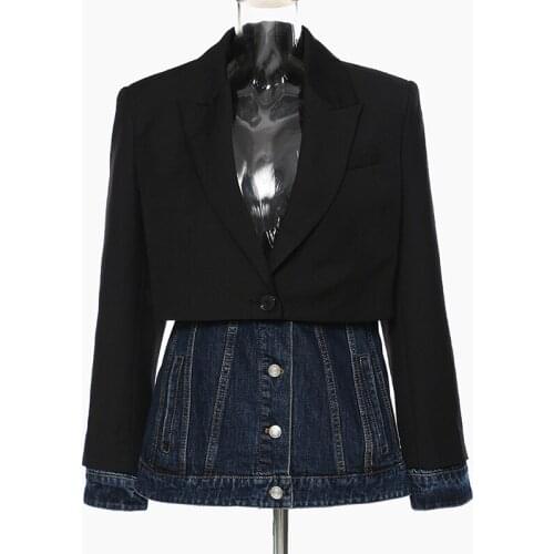 Women Denim Patchwork Blazer Spring Autumn Fake Two Piece Casual Blazer Jacket 2021