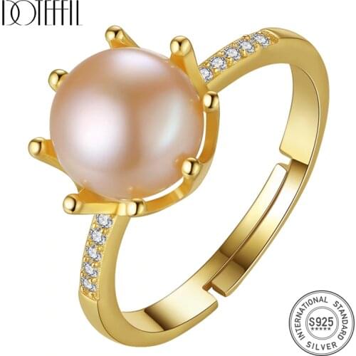DOTEFFIL New Genuine 925 Silver Gilt Ring Resizable Natural Freshwater Pearls Ring Jewelry Women Party Christmas Gift Hot Sale