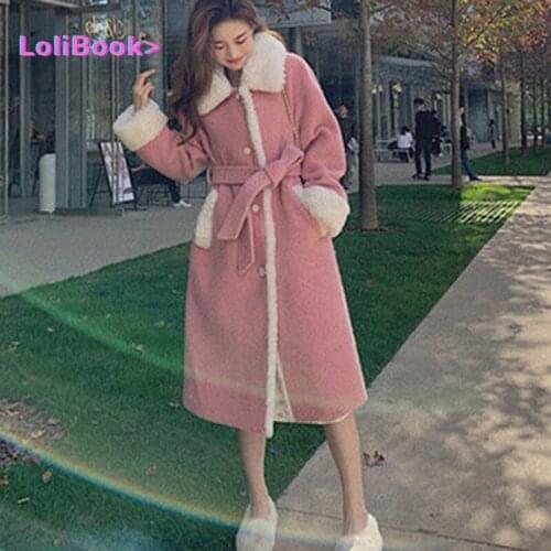 Lolibook 2021 women New Winter Warm Mid Long Pretty Woolen Blend Coat female Wind Wool Pink French sashe fur collar outerwears