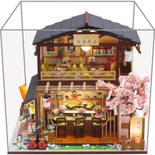 1Set Dollhouse with LED Bulb DIY Creation Wooded Japanese Sushi Restaurant Dollhouse Kid Montessori Board Game Toys for Children