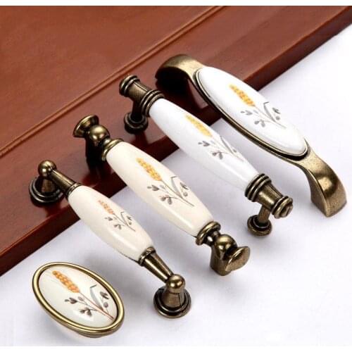 1Pc Wheat Ear Printing Ceramic Handle Modern Minimalist Pastoral Style Cupboard Cabinet Door Drawer Handles Wardrobe Door Pulls