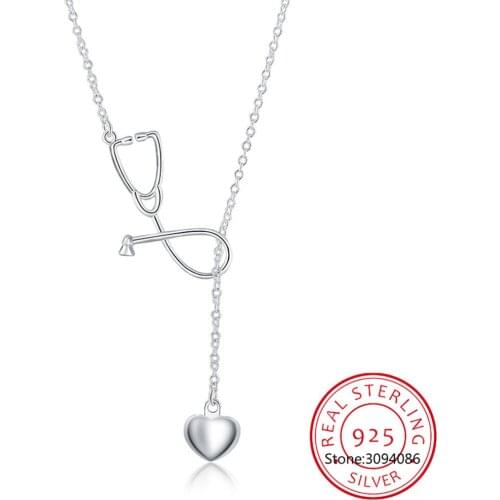 925 Sterling Silver 18 Inch Stethoscope Heart Pendant Necklace For Women Fashion Wedding party Charm Jewelry