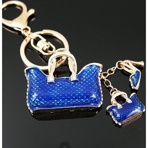 Exquisite Blue bag High heels Crystal Rhinestone Charm Pendant Purse Car Key Ring Keychain Party Favorite Gift High-quality