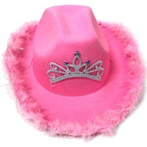 Pink Cowgirl Hats for Women Cow Girl Hats with Tiara Neck Draw String Felt Cowboy Costume Accessories Party Hat Play Dress Up