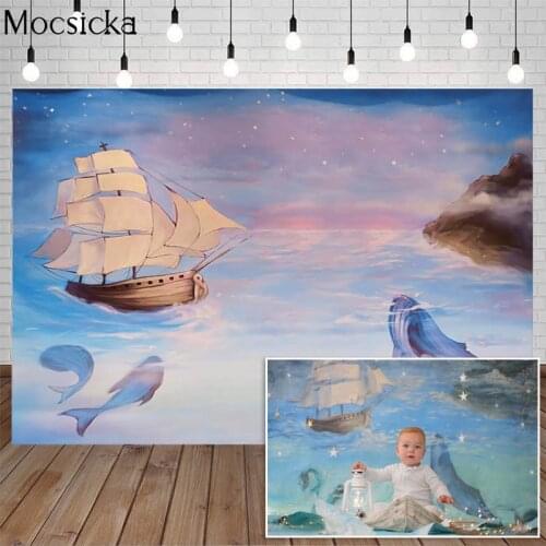 Dream Ocean Sailboat Birthday Backdrop Whale Starry Sky Child Cake Smash Photography Background Decorative Props Photo Studio