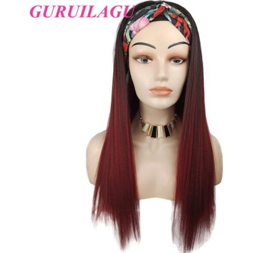 GURUILAGU Headband Wig Yaki Straight Synthetic Wig T1B/99J Long Wig Women Heat Resistant Fiber Hair Ombre Wigs for Black Women