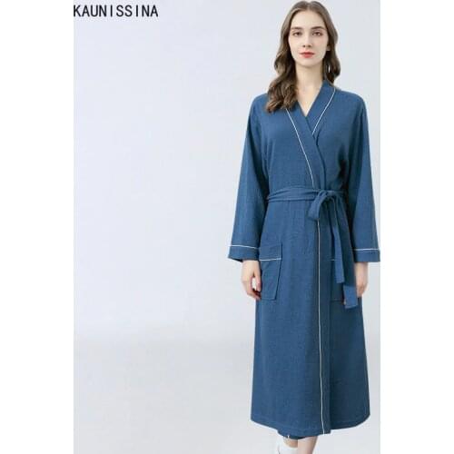 Ladies Spring Autumn Robe Long Nightwear Long Sleeve Kimono Bathroom Robes Hotel Beauty Salon Bathrobe Waffle Cotton Women Robe