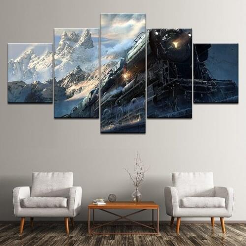 Art Canvas Painting Print 5 Pcs Beautiful Train With Mount Fuji Home Decor Poster For Living Room Modular Framework