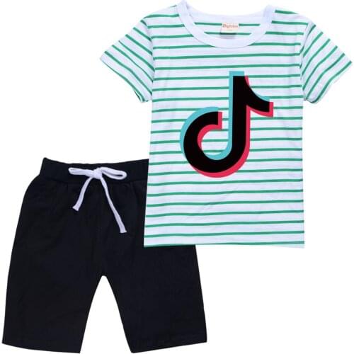 TIK TOK Summer school childrens short sleeve striped T-shirt + trouser suit boys and girls clothing set